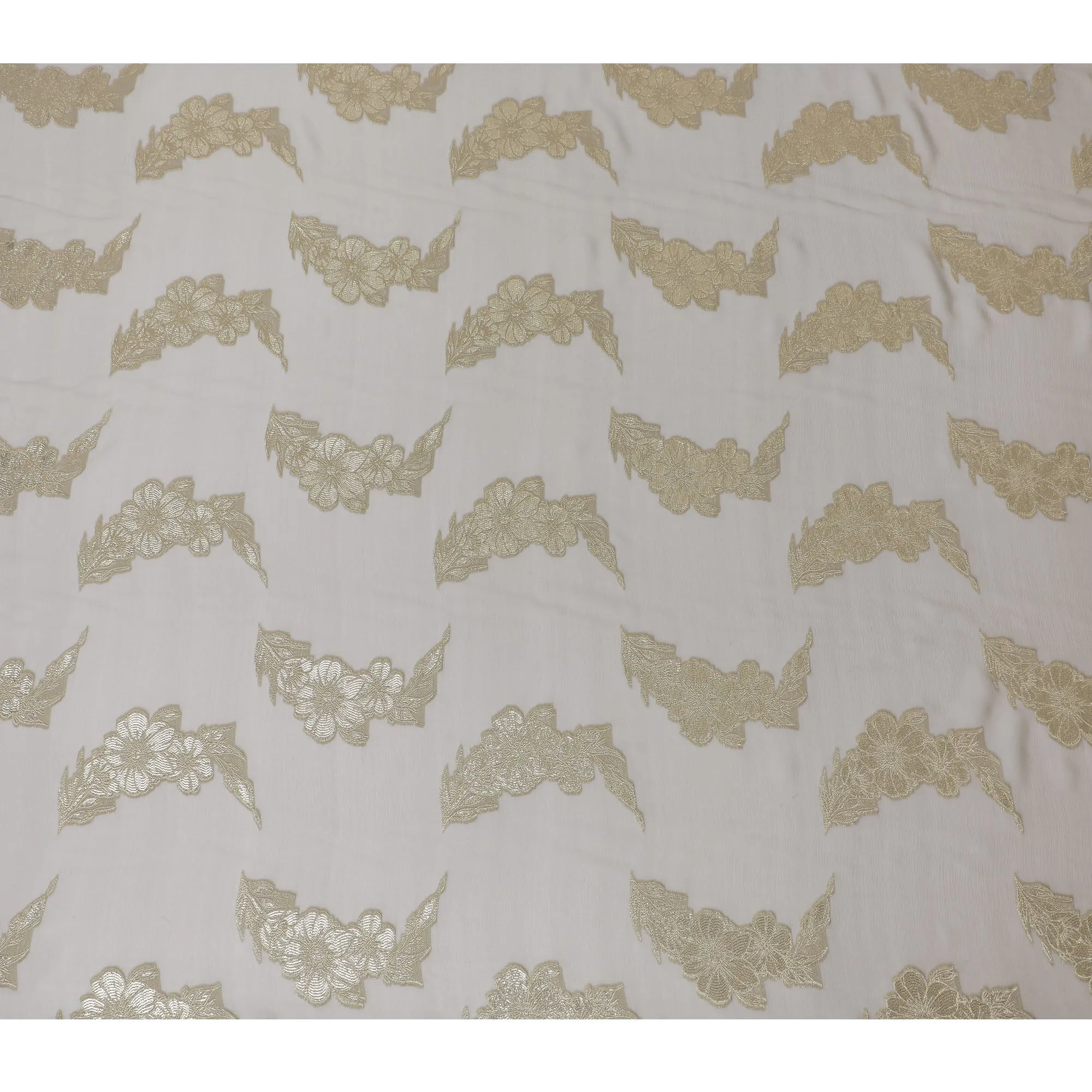 French Ivory Silk Chiffon (Fransawi) Fabric with Metallic Gold Lurex Floral Design, 110 cm Width-D19734