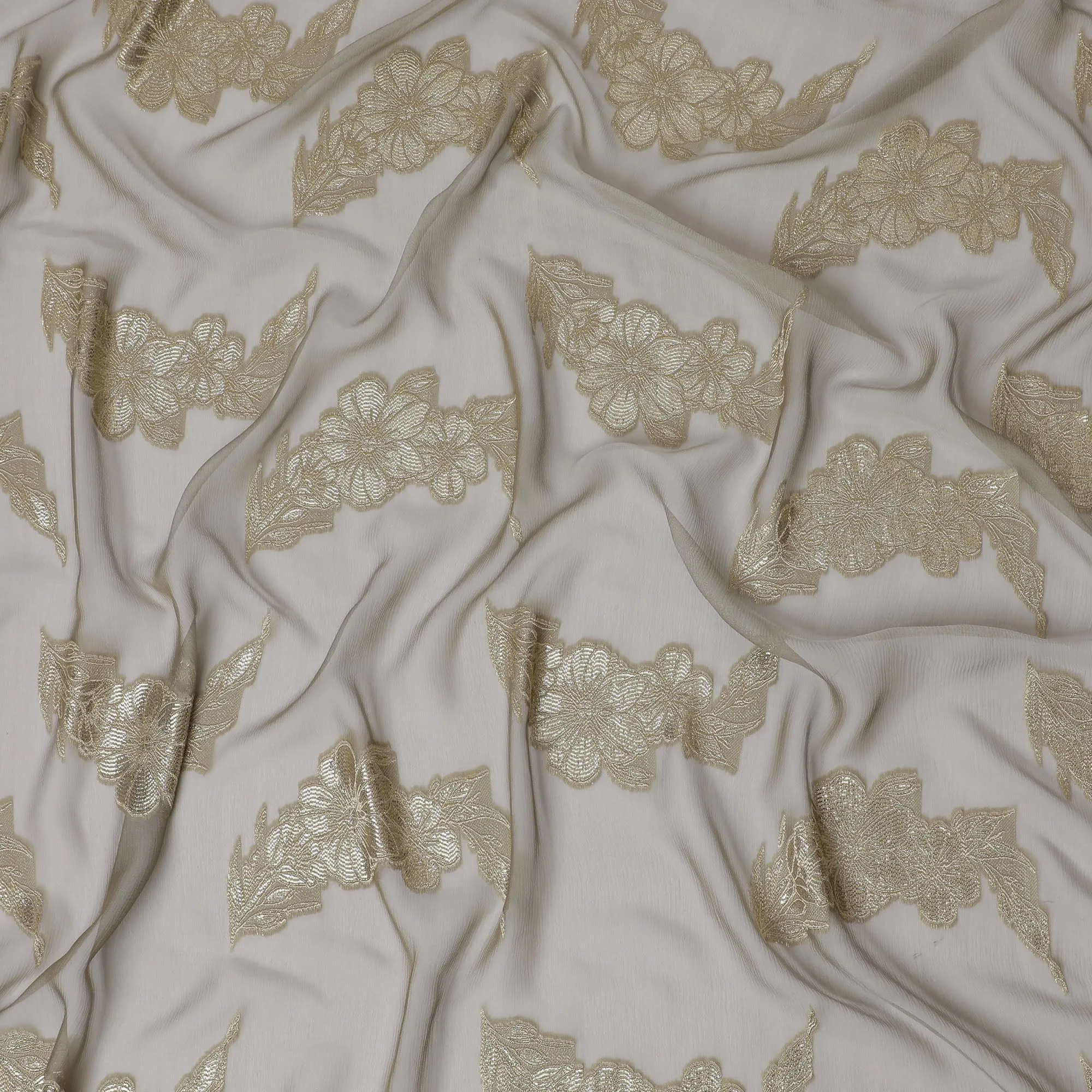 French Ivory Silk Chiffon (Fransawi) Fabric with Metallic Gold Lurex Floral Design, 110 cm Width-D19734