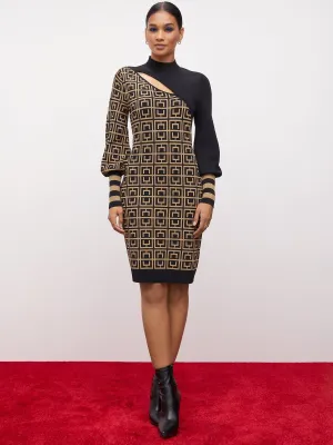 Geometric-Print Cut-Out Sheath Sweater Dress