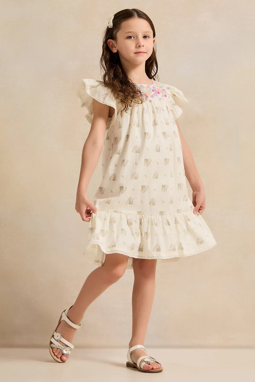 Girls White Floral  Embroidery Dobby Dress