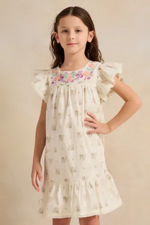 Girls White Floral  Embroidery Dobby Dress