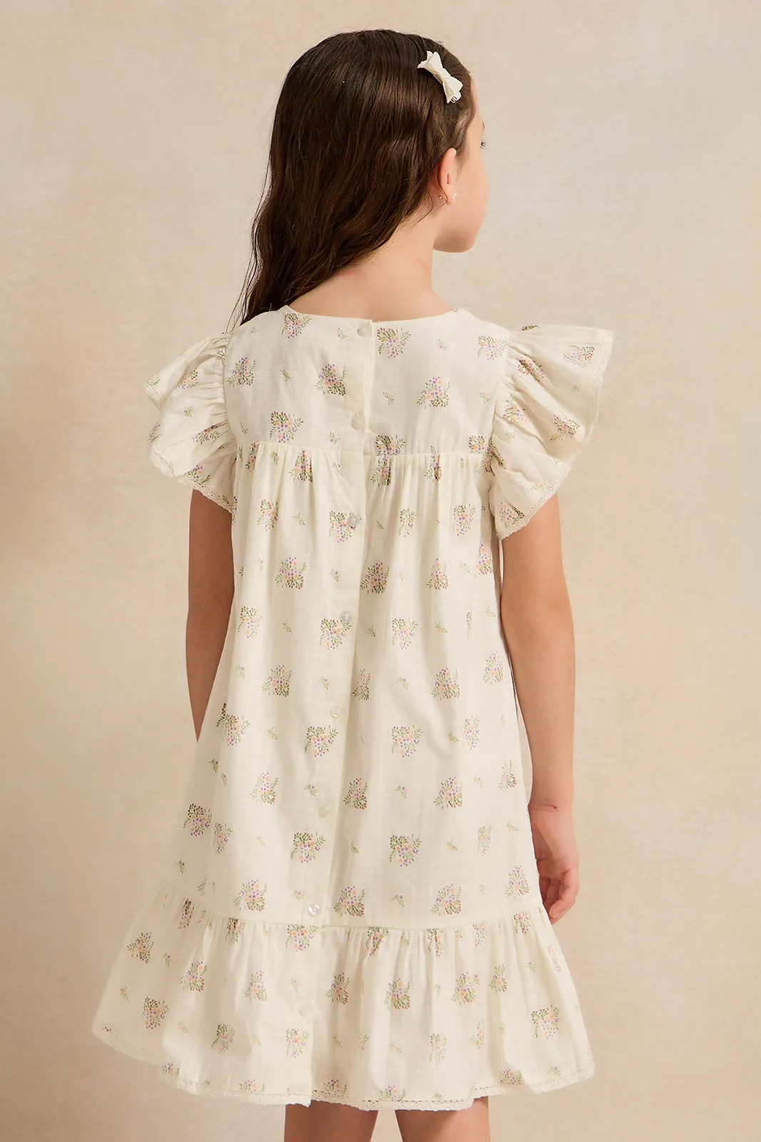 Girls White Floral  Embroidery Dobby Dress