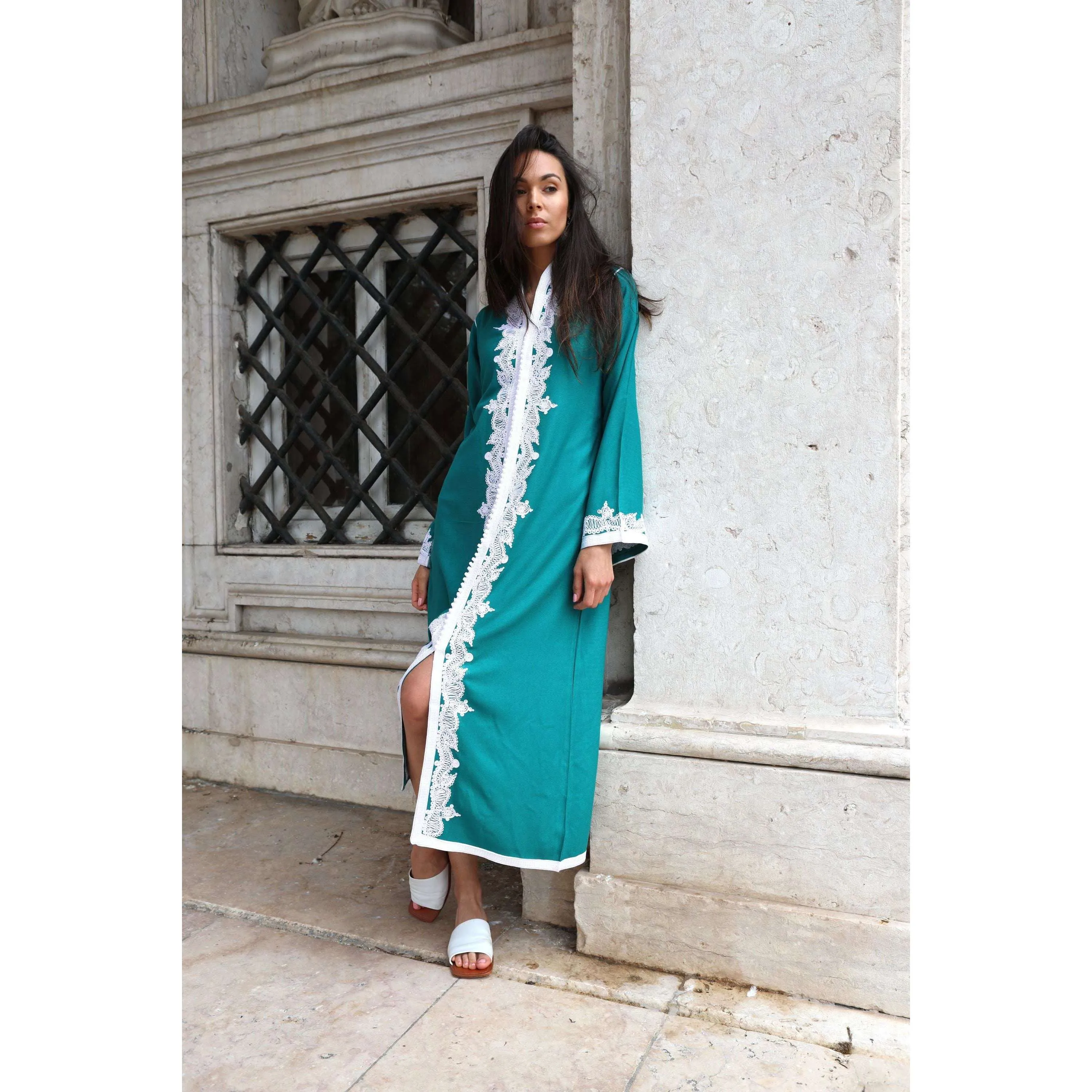 Green & White Karima Kaftan Caftan-Moroccan Kaftan