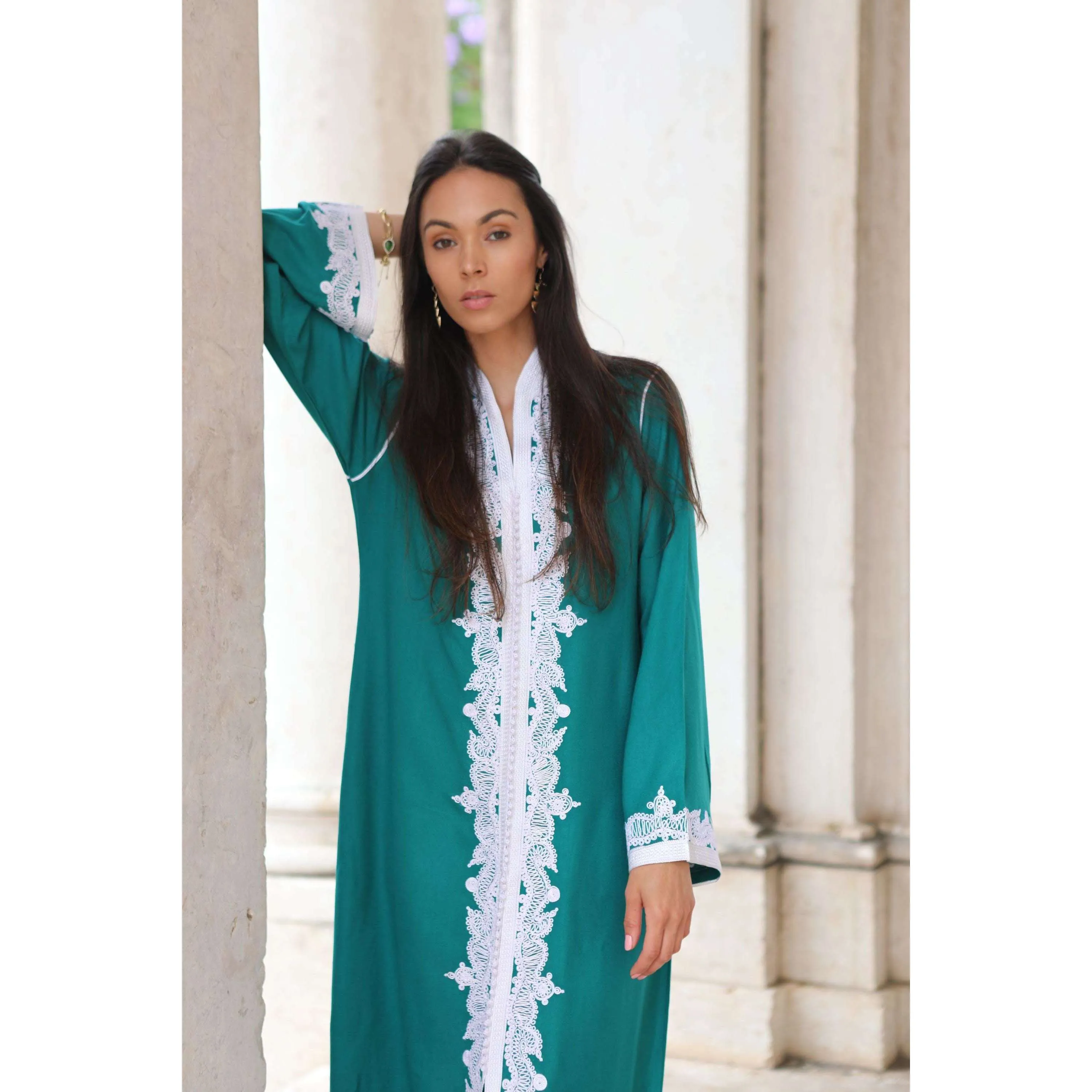 Green & White Karima Kaftan Caftan-Moroccan Kaftan