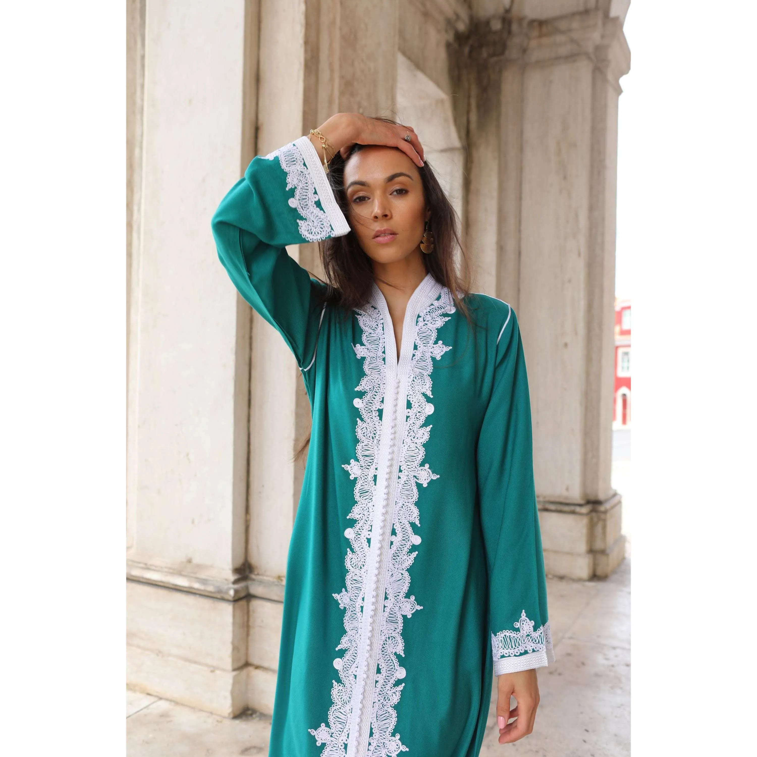 Green & White Karima Kaftan Caftan-Moroccan Kaftan