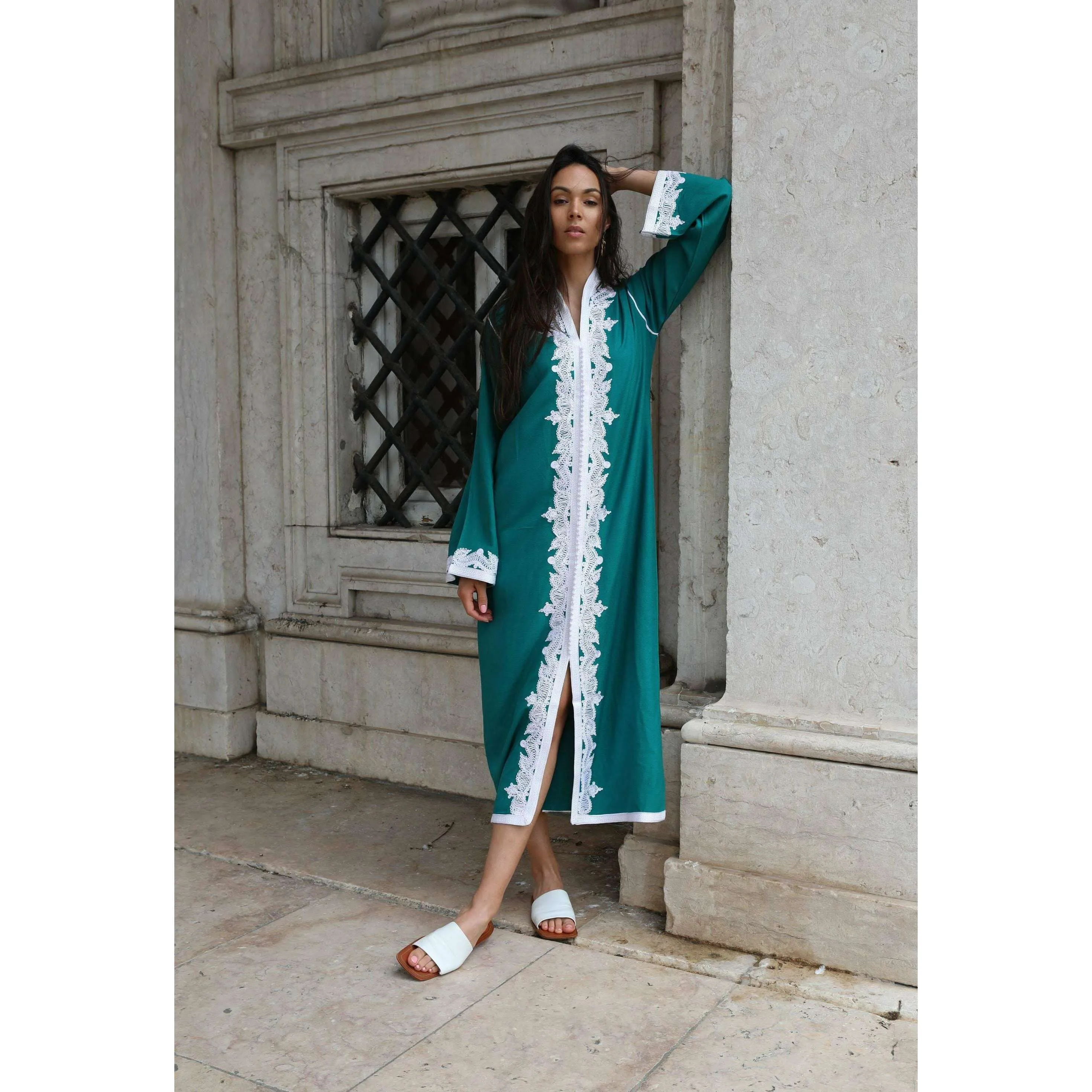 Green & White Karima Kaftan Caftan-Moroccan Kaftan