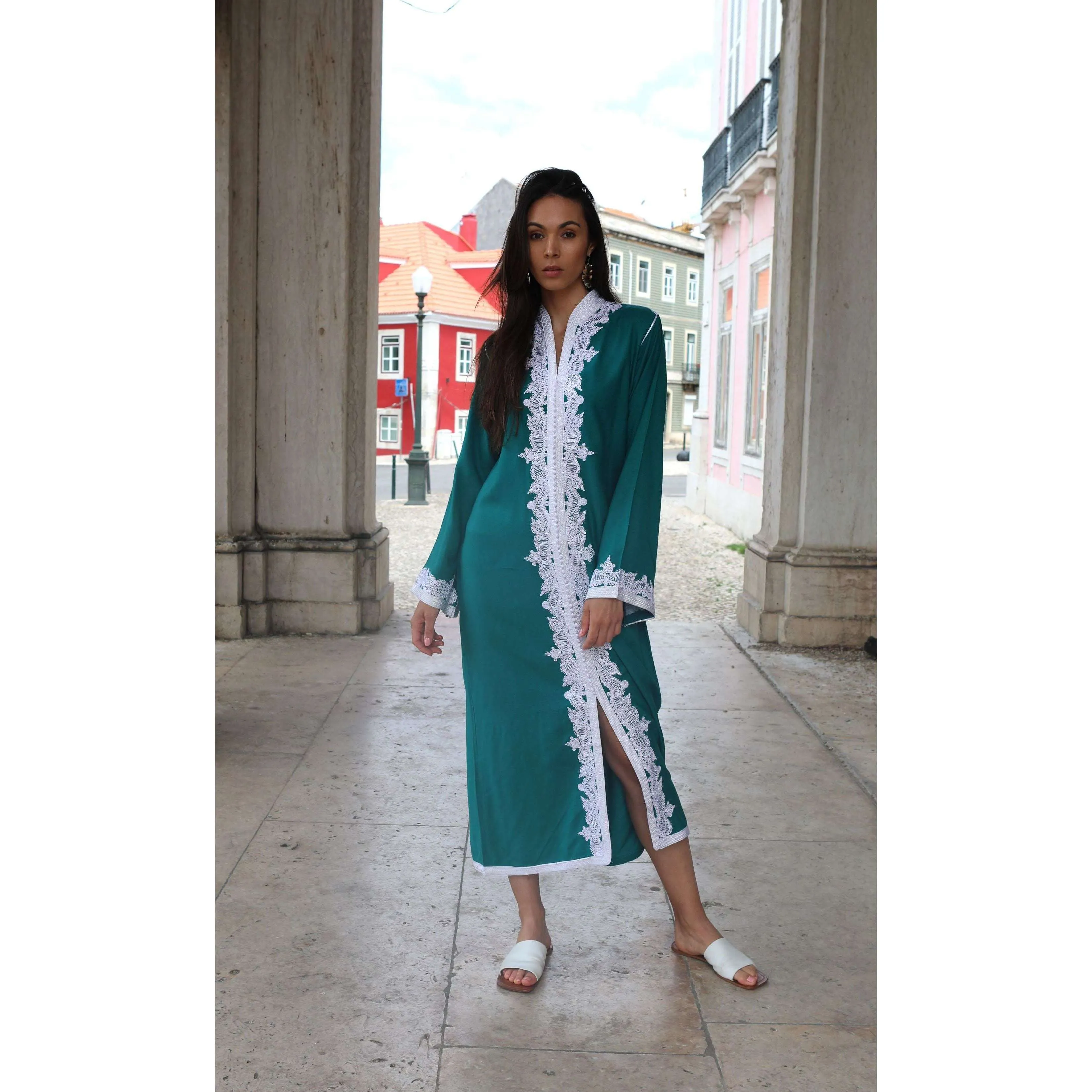 Green & White Karima Kaftan Caftan-Moroccan Kaftan