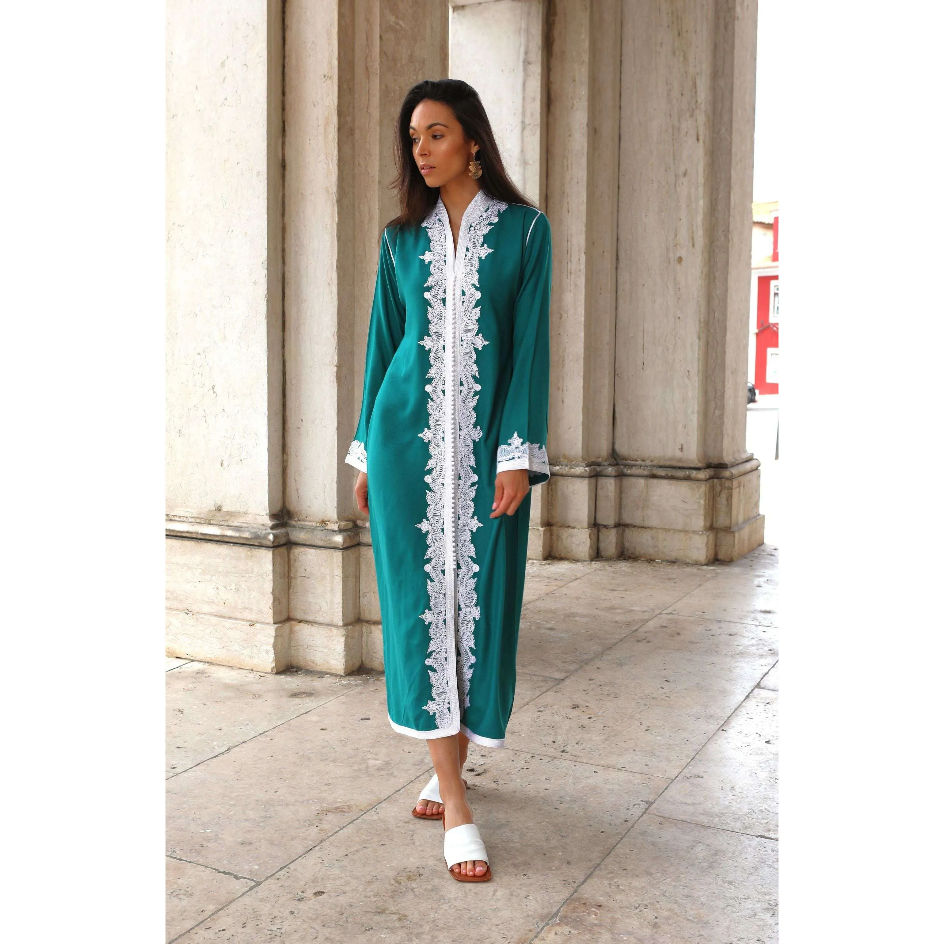 Green & White Karima Kaftan Caftan-Moroccan Kaftan