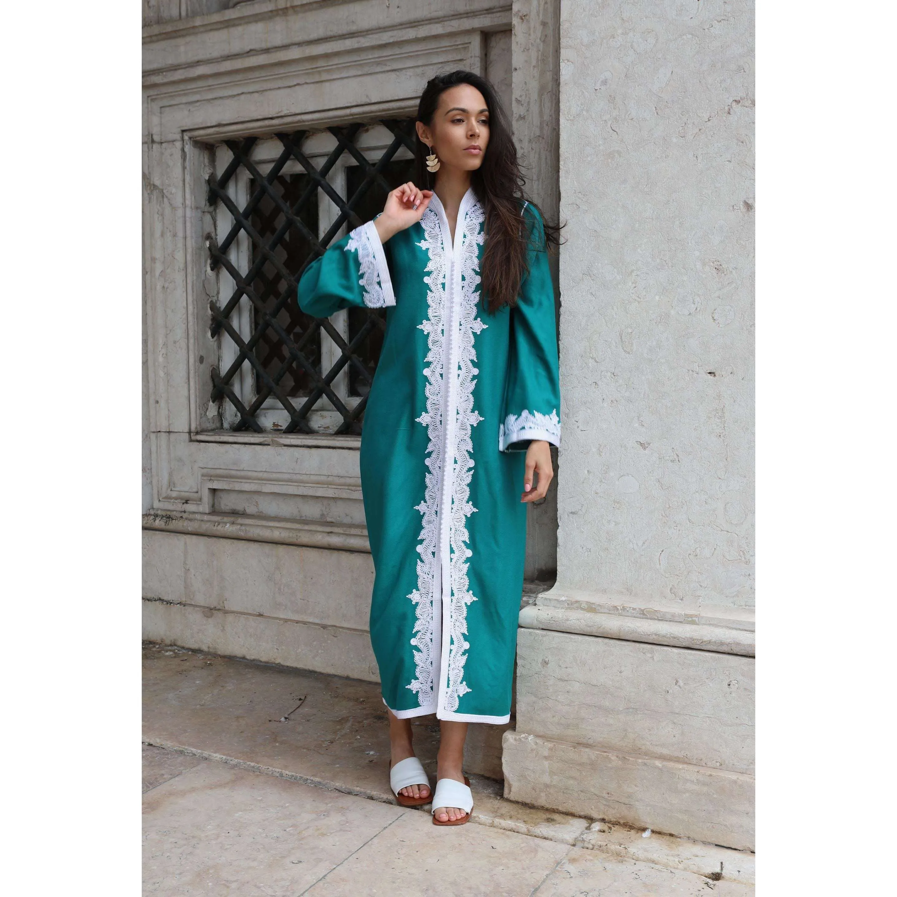 Green & White Karima Kaftan Caftan-Moroccan Kaftan