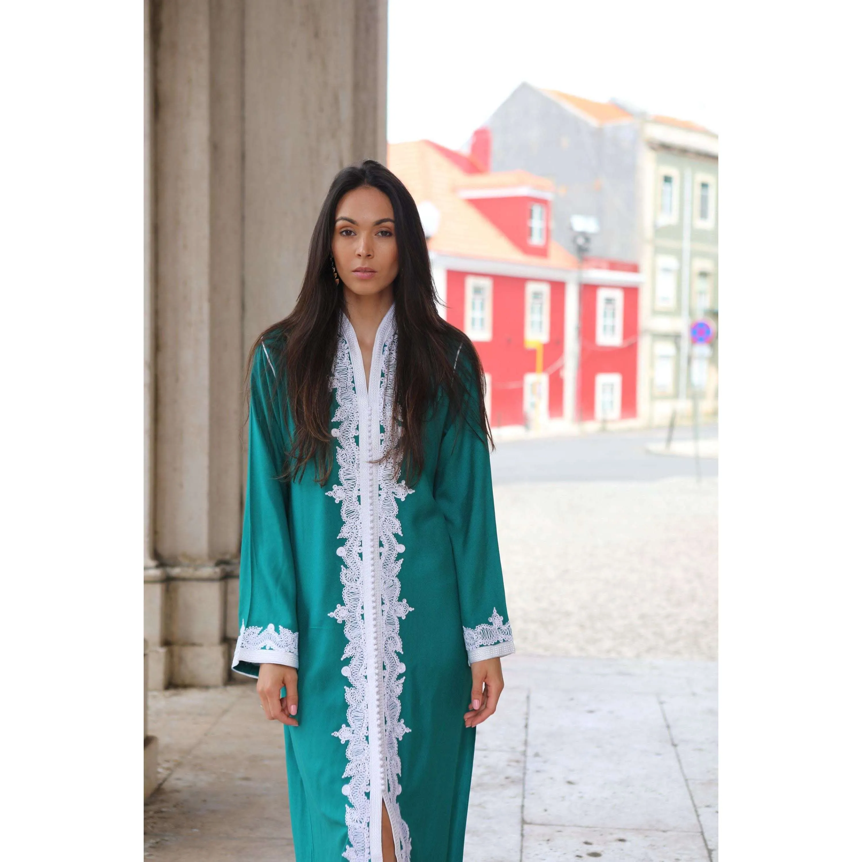 Green & White Karima Kaftan Caftan-Moroccan Kaftan