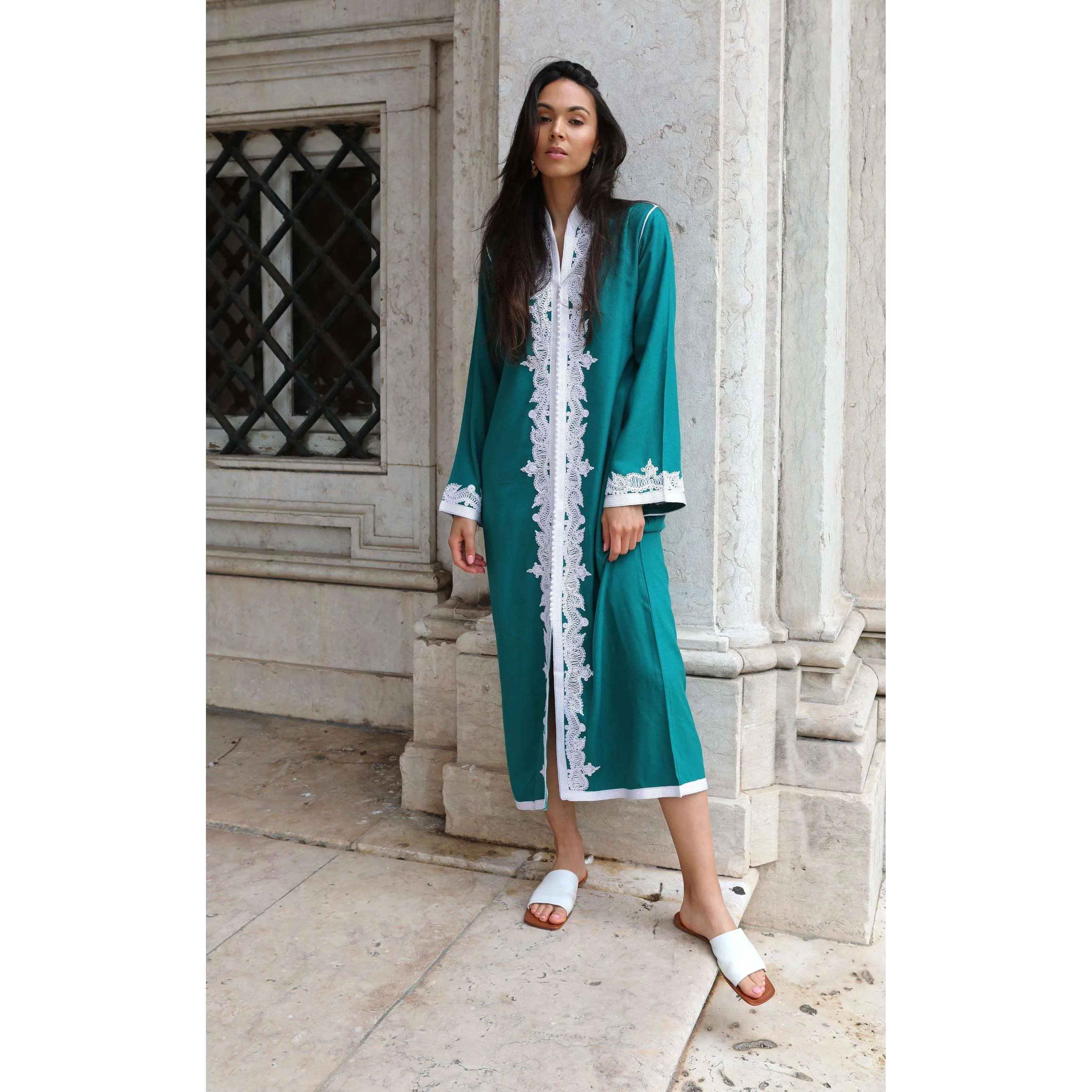 Green & White Karima Kaftan Caftan-Moroccan Kaftan