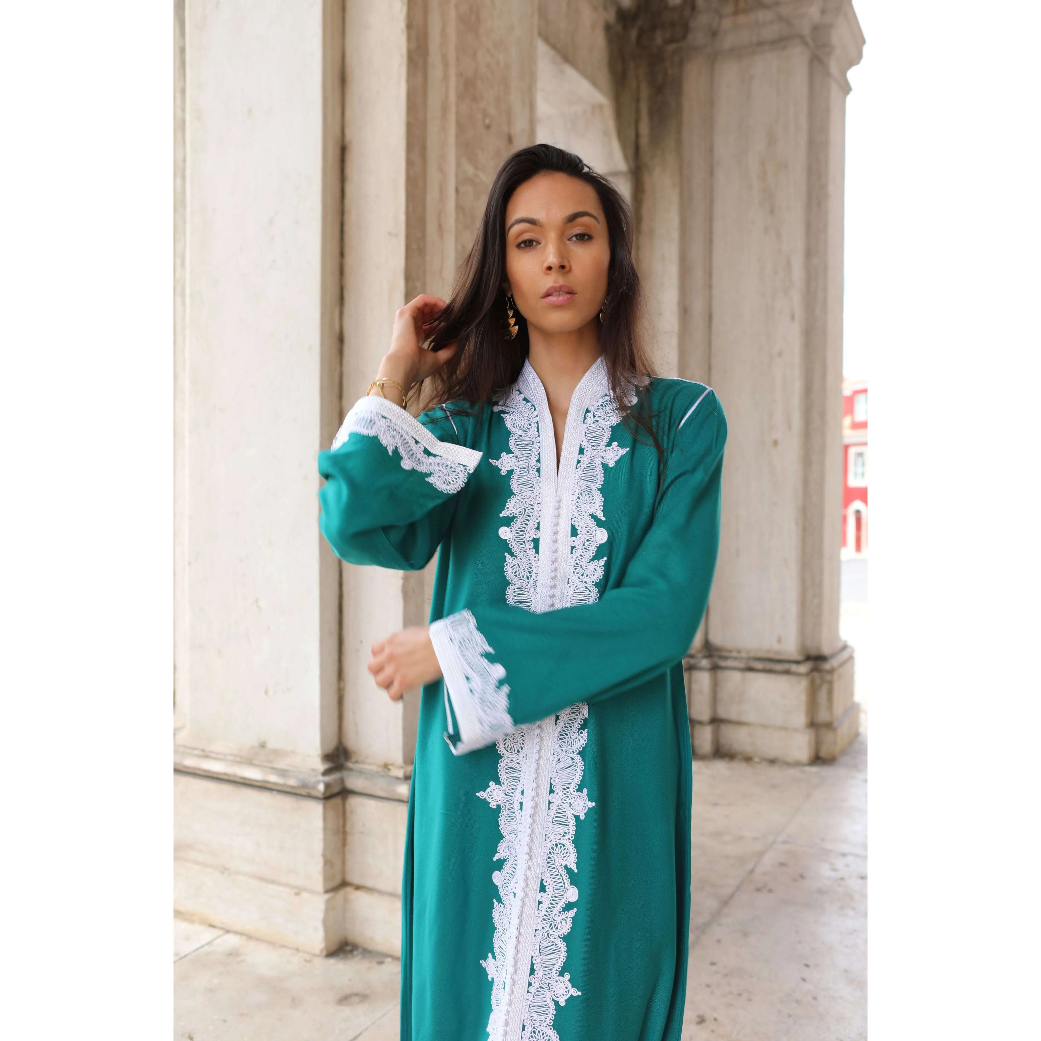 Green & White Karima Kaftan Caftan-Moroccan Kaftan