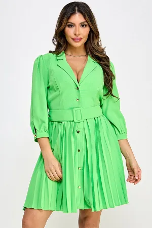 Green Flash 3/4 Sleeve Button Down Pleated Dress