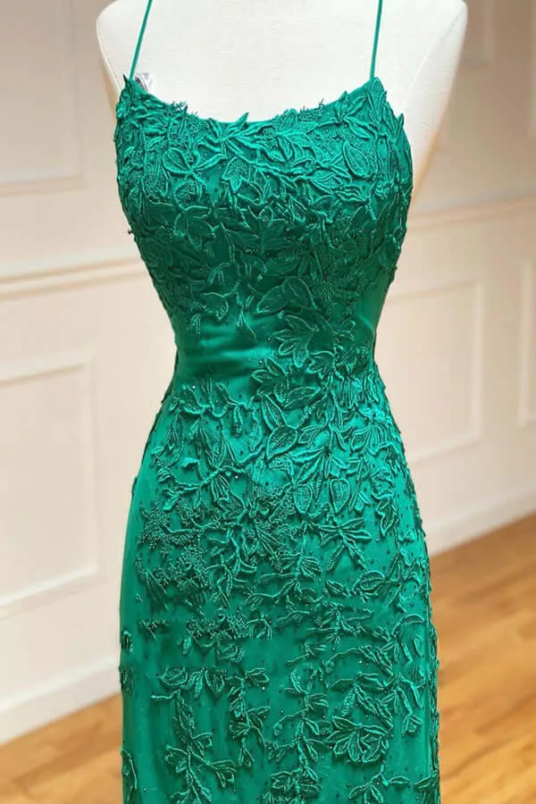 Green Lace Mermaid Backless Spaghetti Straps Prom Dresses, Evening Gown, SP767