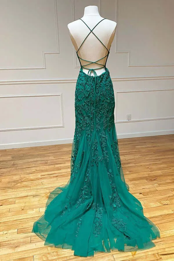 Green Lace Mermaid Backless Spaghetti Straps Prom Dresses, Evening Gown, SP767