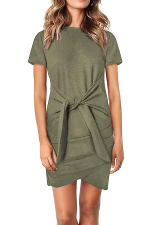 Green Short Sleeve Tie Waist Casual T-Shirt Dress