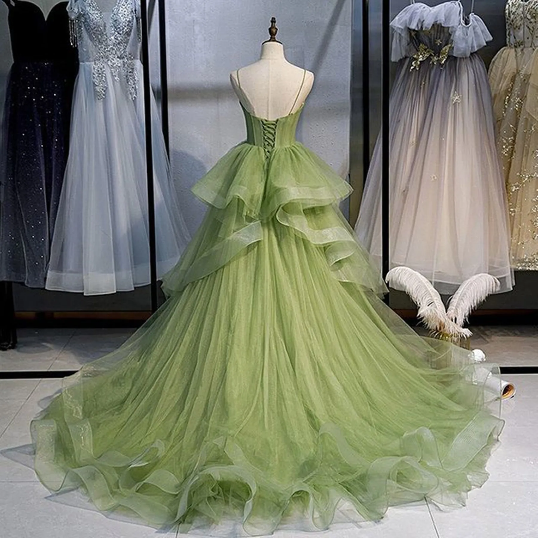 Green Tulle Layered Long Prom Dresses, Green Tulle Formal Evening Dresses, Ball Gown WT1147