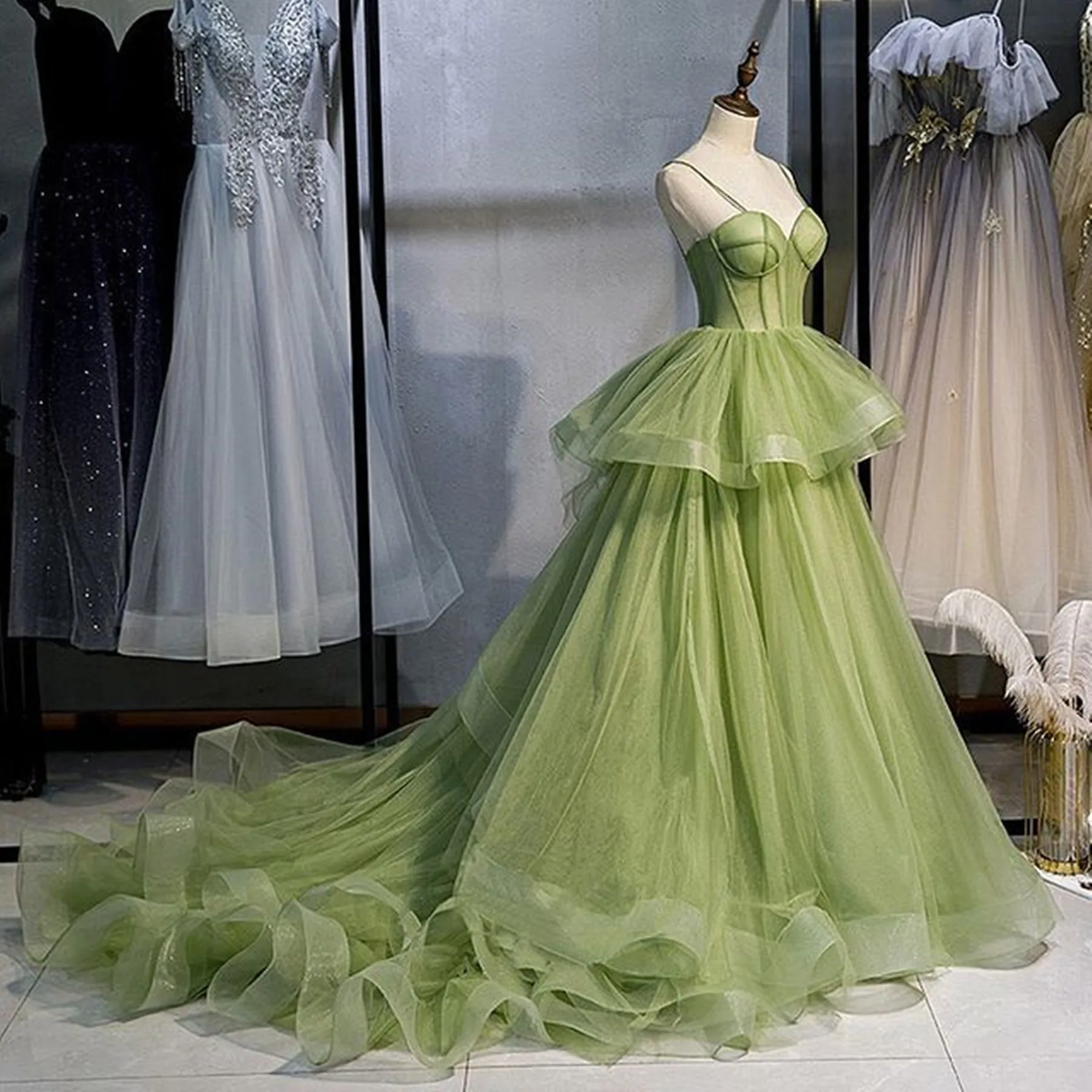 Green Tulle Layered Long Prom Dresses, Green Tulle Formal Evening Dresses, Ball Gown WT1147