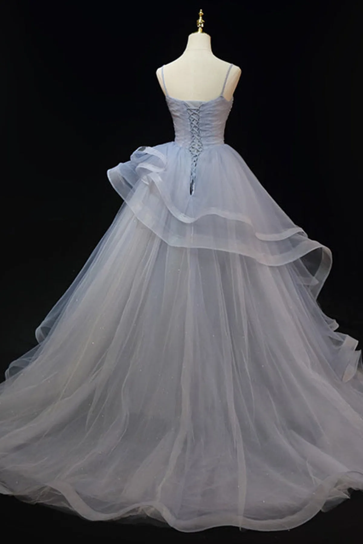 Grey Tulle Thin Straps Layered Beaded Long Prom Dresses, Gray Tulle Formal Evening Dresses, Grey Evening Dresses WT1135