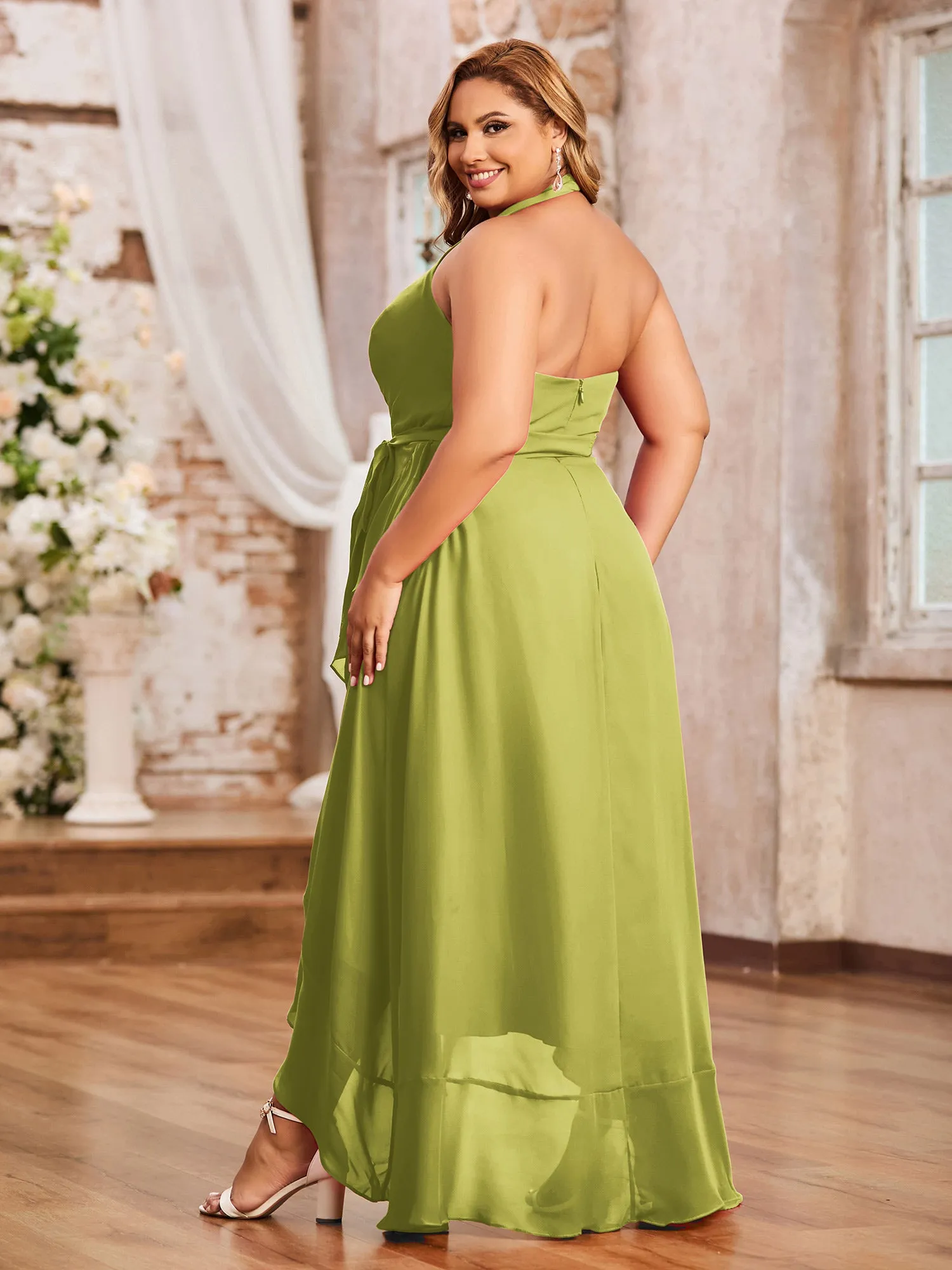 Halter Deep-V Neck Chiffon Asymmetrical Dresses-Clover Plus Size