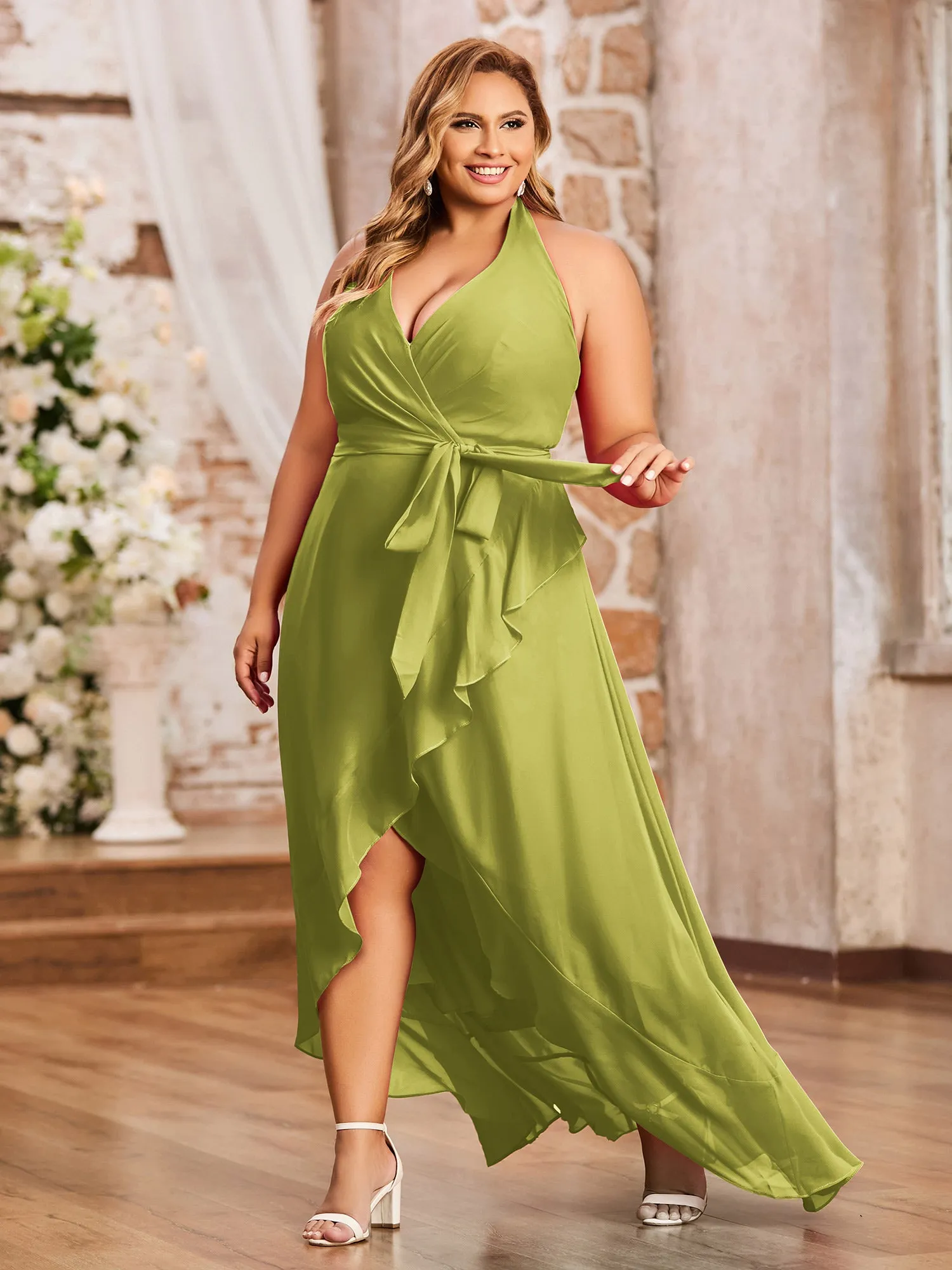 Halter Deep-V Neck Chiffon Asymmetrical Dresses-Clover Plus Size