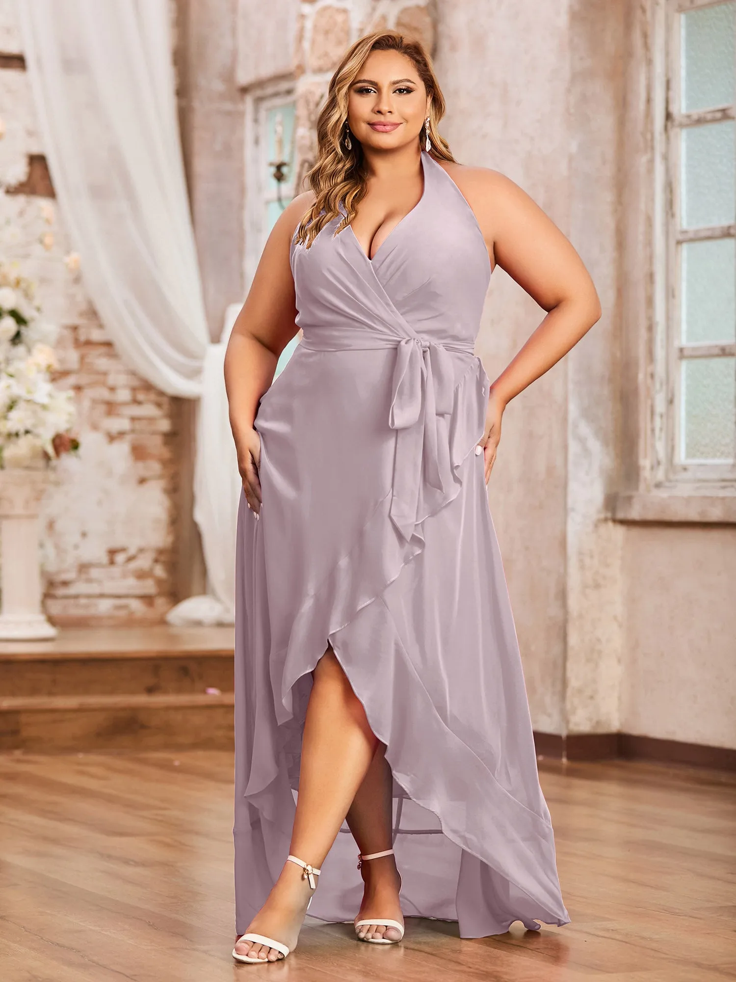 Halter Deep-V Neck Chiffon Asymmetrical Dresses-Dusk Plus Size