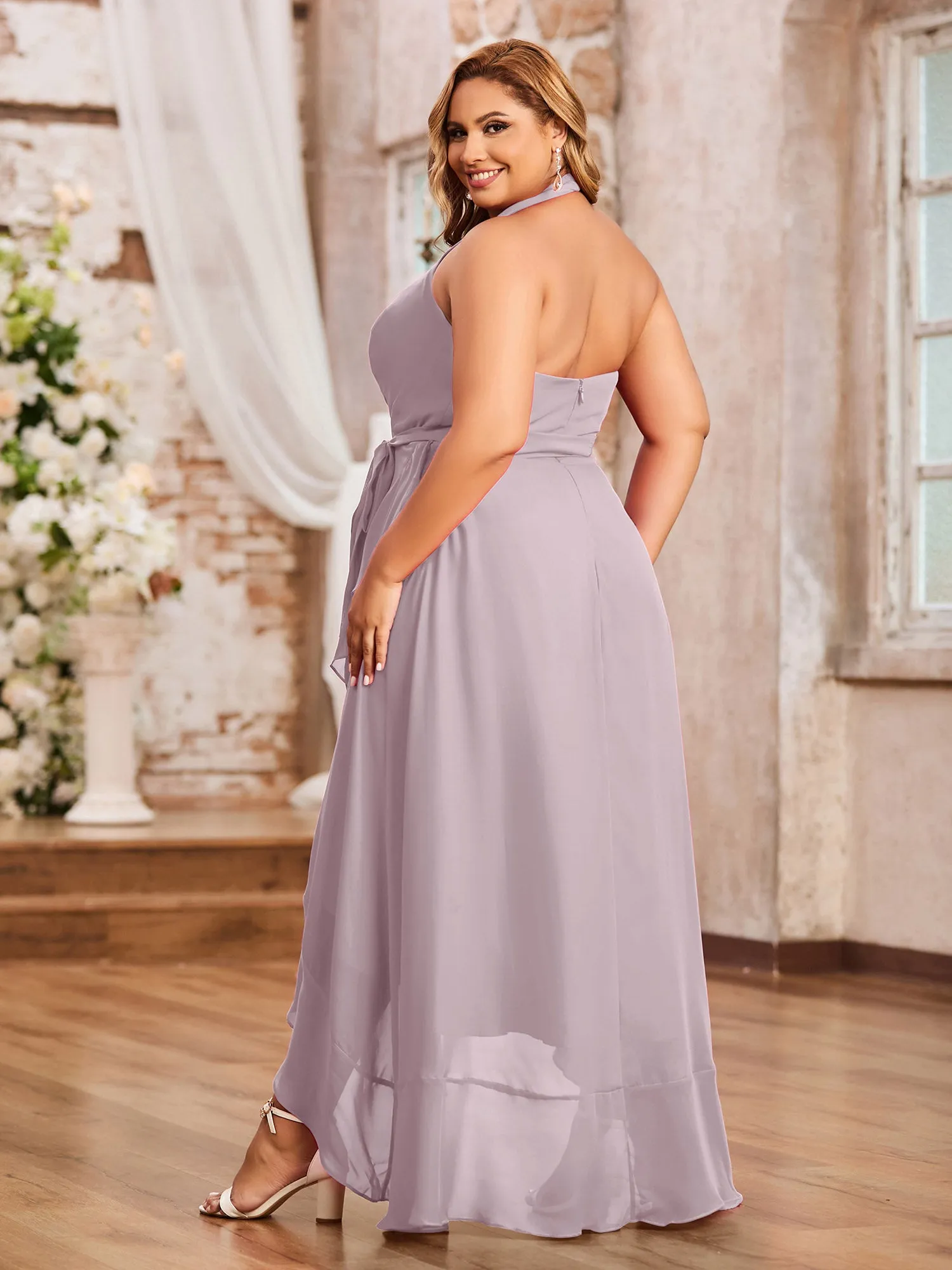 Halter Deep-V Neck Chiffon Asymmetrical Dresses-Dusk Plus Size