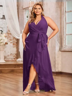 Halter Deep-V Neck Chiffon Asymmetrical Dresses-Grape Plus Size