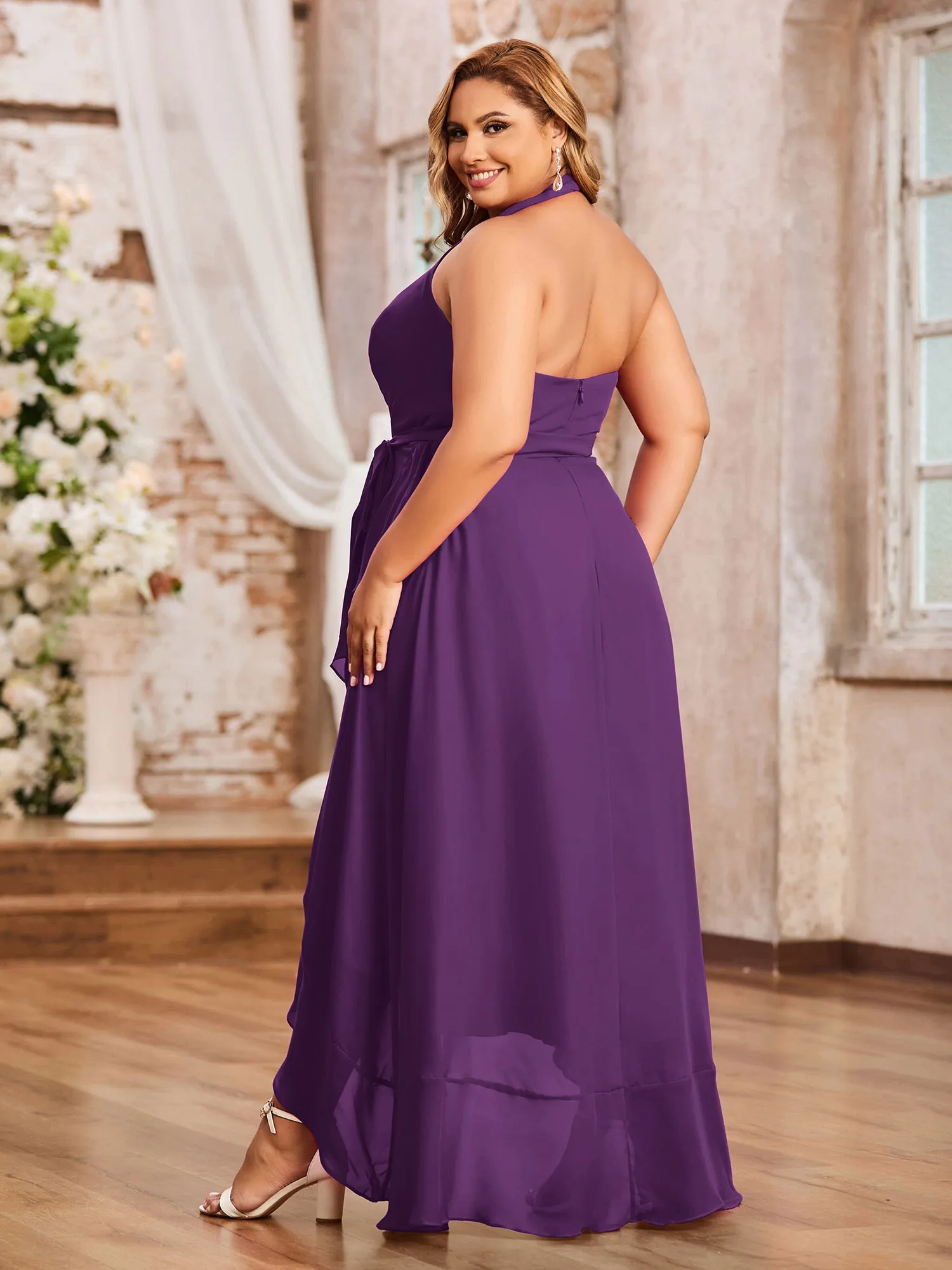 Halter Deep-V Neck Chiffon Asymmetrical Dresses-Grape Plus Size