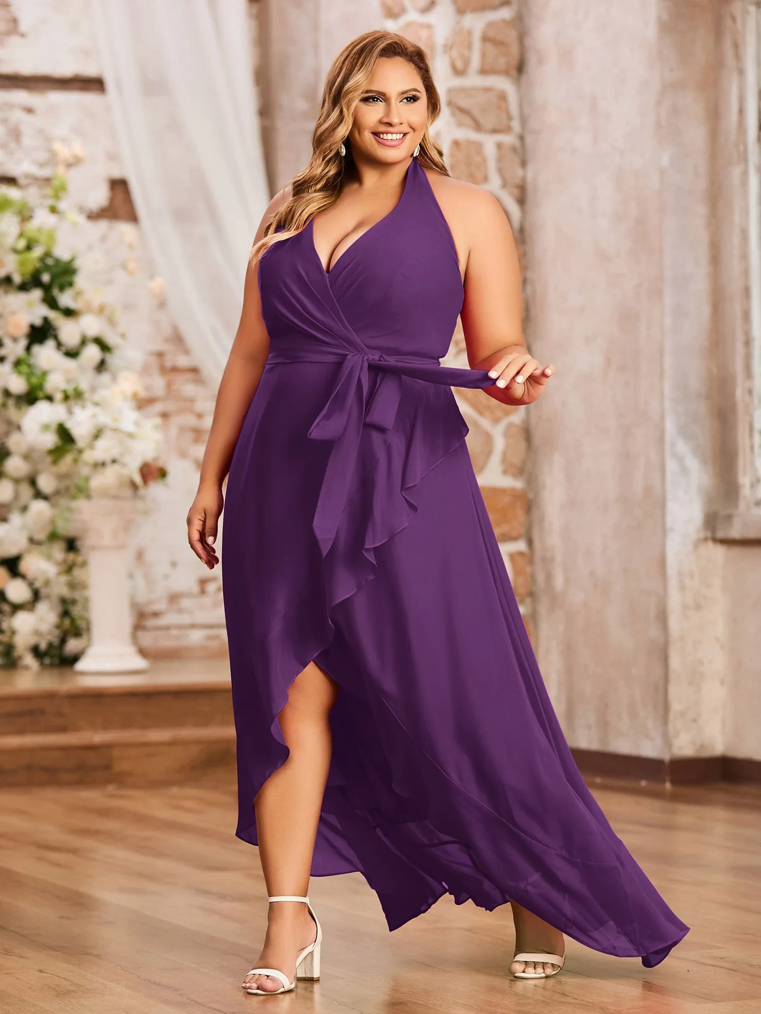 Halter Deep-V Neck Chiffon Asymmetrical Dresses-Grape Plus Size