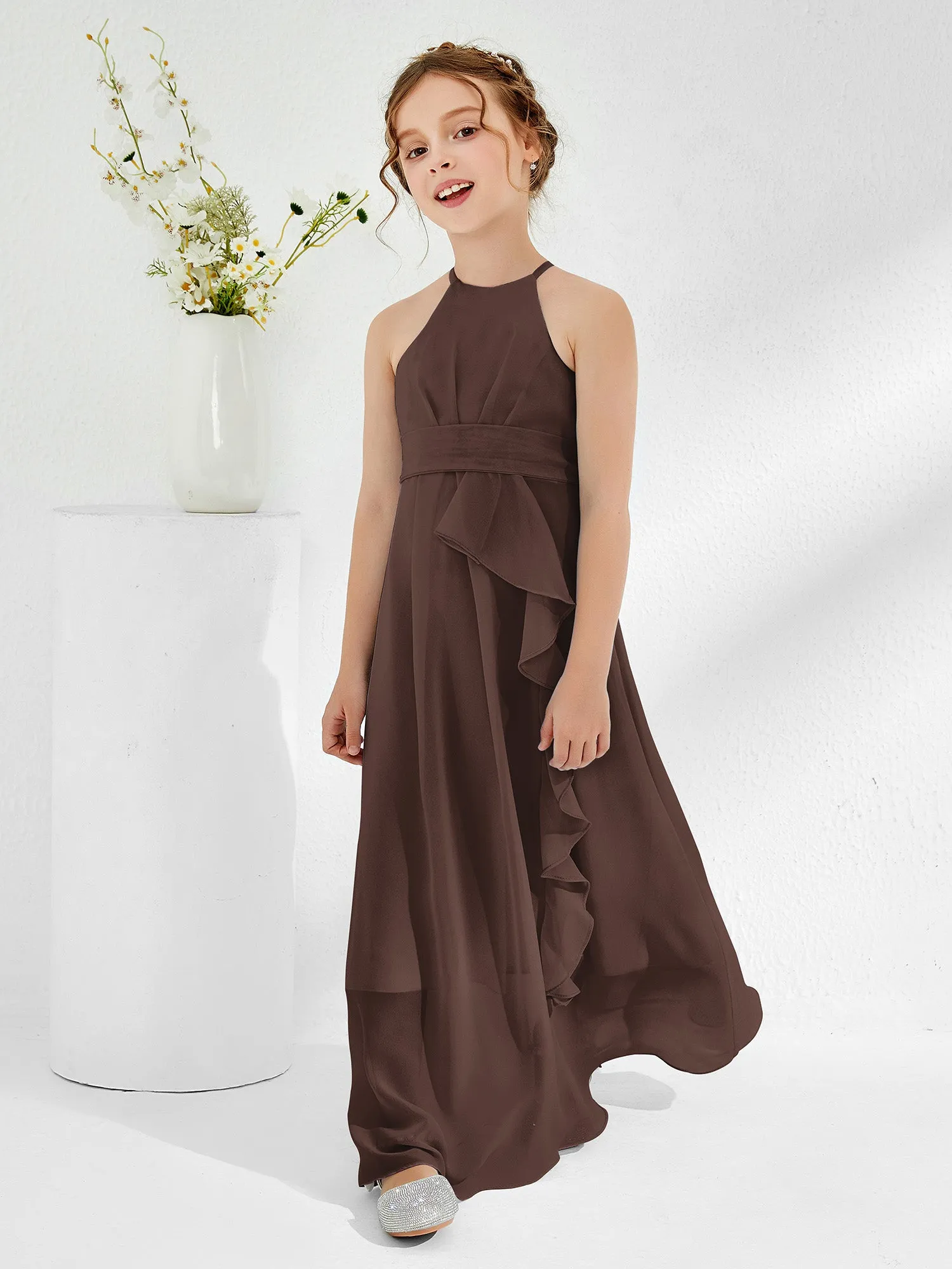 Halter Neckline Junior Bridesmaid Dresses with Sash Chocolate