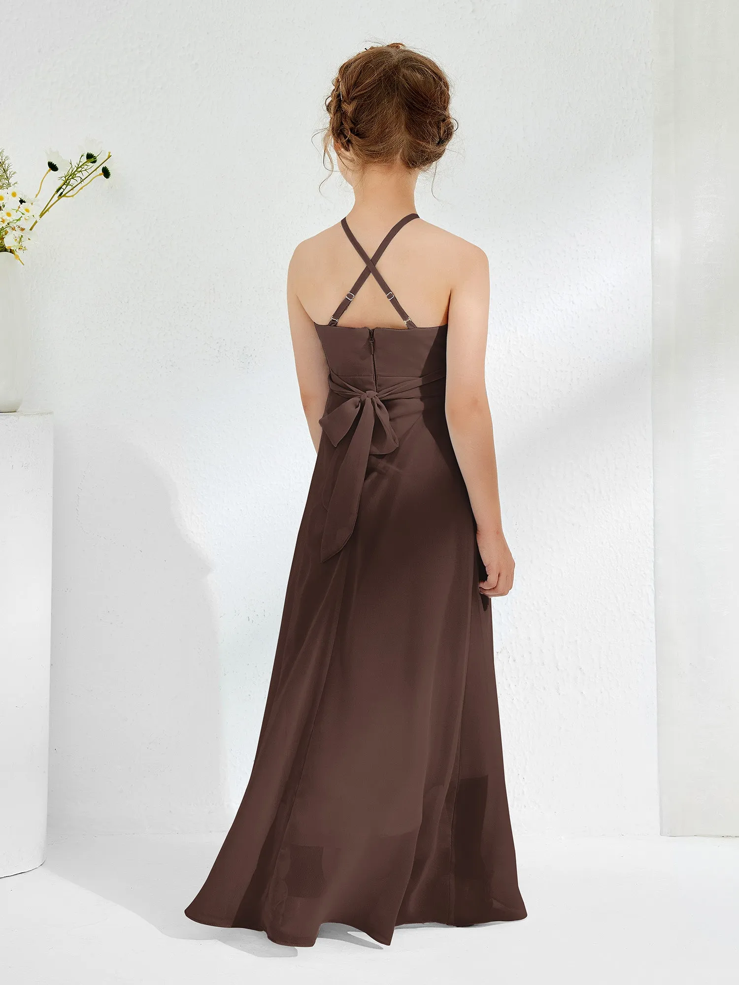 Halter Neckline Junior Bridesmaid Dresses with Sash Chocolate