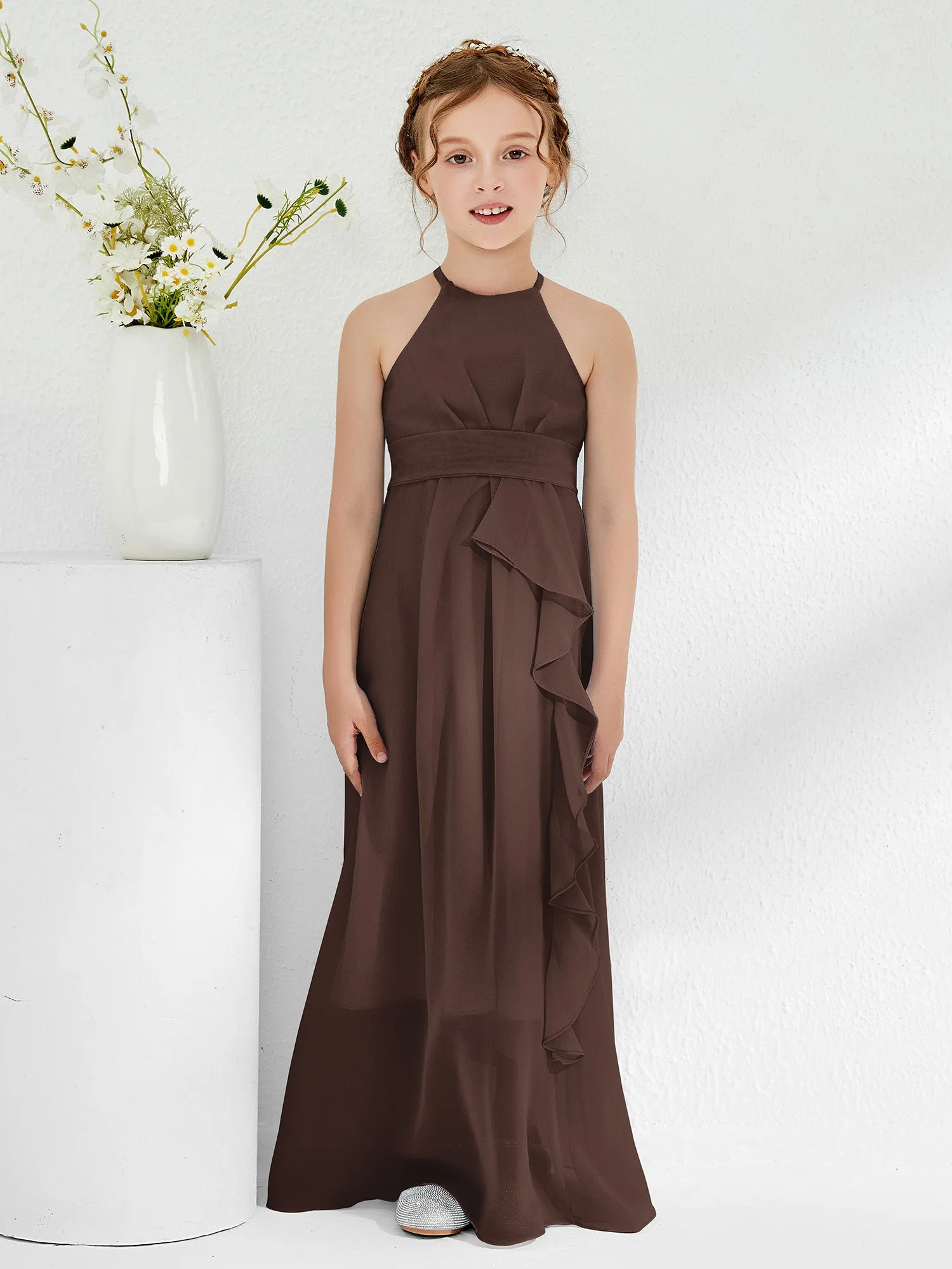 Halter Neckline Junior Bridesmaid Dresses with Sash Chocolate