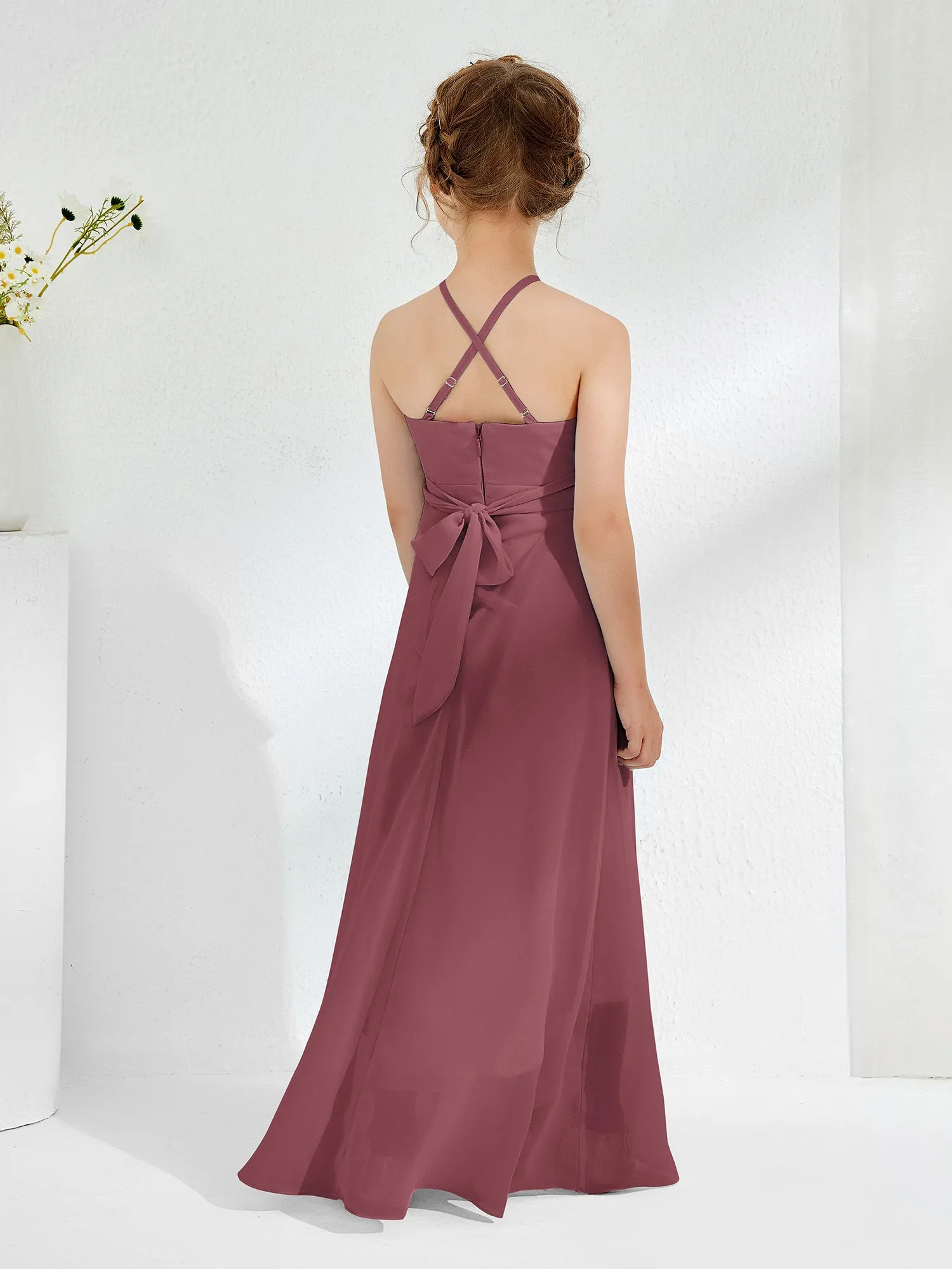 Halter Neckline Junior Bridesmaid Dresses with Sash Mulberry