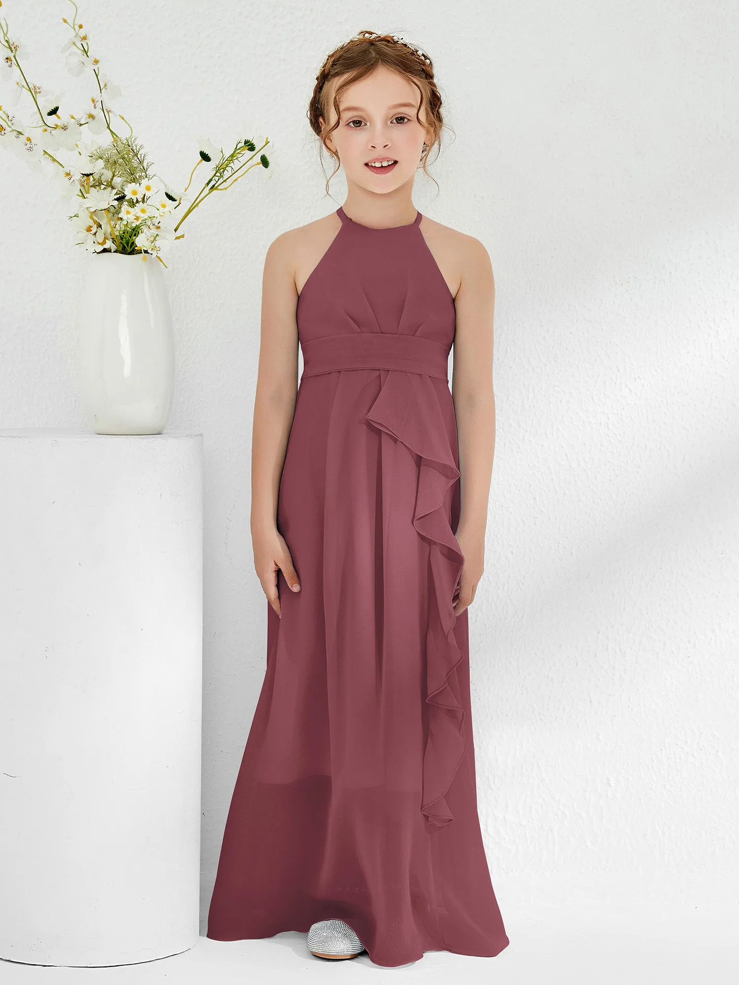 Halter Neckline Junior Bridesmaid Dresses with Sash Mulberry