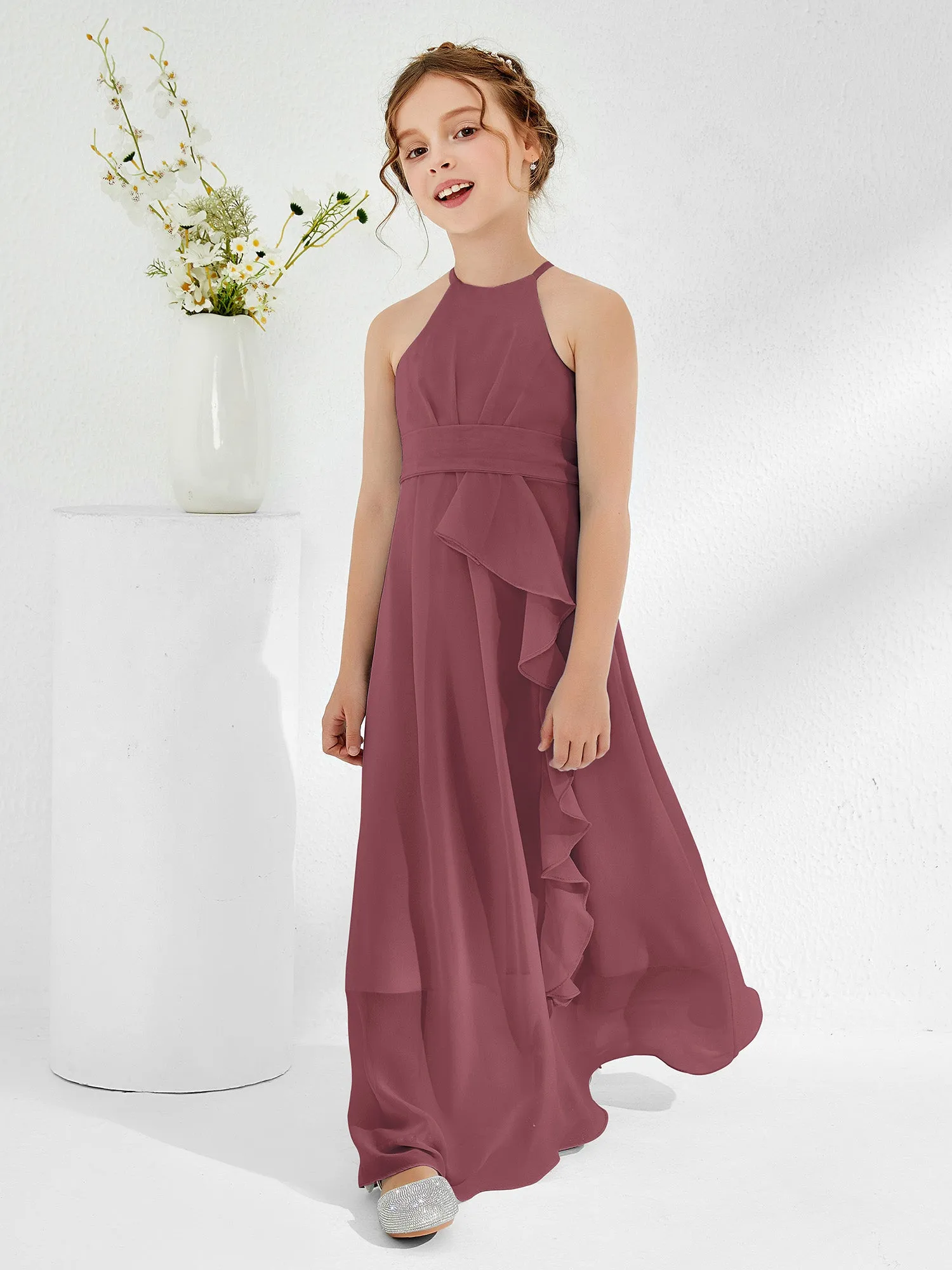 Halter Neckline Junior Bridesmaid Dresses with Sash Mulberry