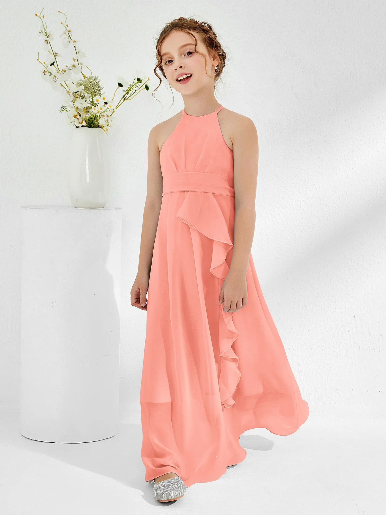 Halter Neckline Junior Bridesmaid Dresses with Sash Sunset