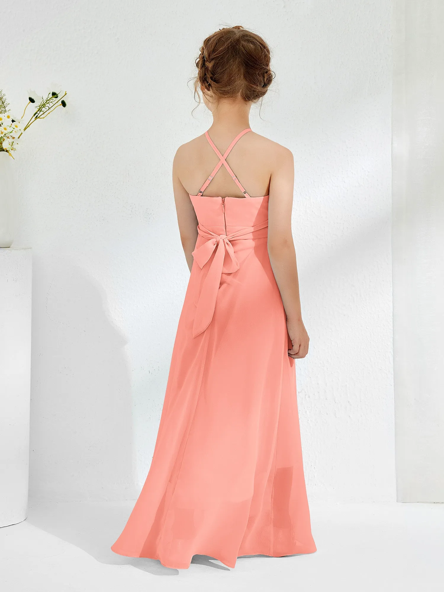 Halter Neckline Junior Bridesmaid Dresses with Sash Sunset