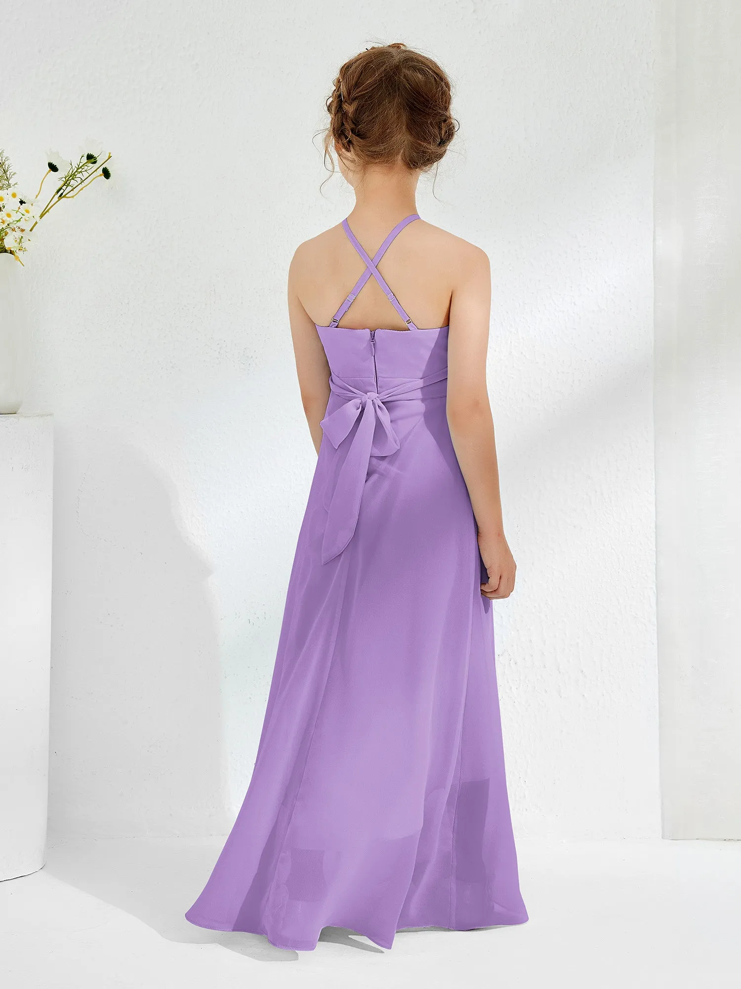 Halter Neckline Junior Bridesmaid Dresses with Sash Tahiti