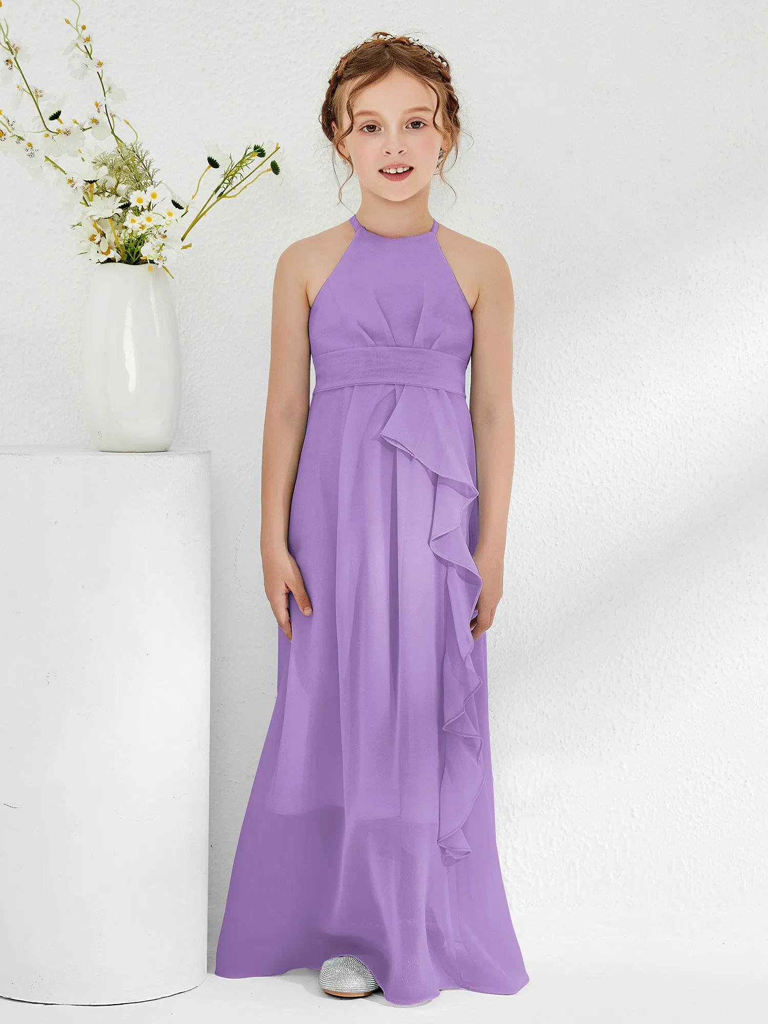 Halter Neckline Junior Bridesmaid Dresses with Sash Tahiti