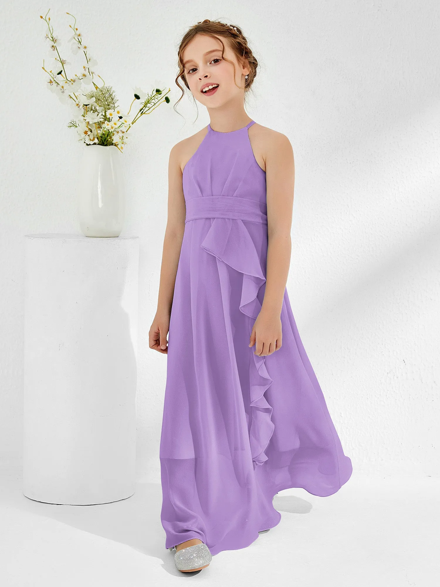 Halter Neckline Junior Bridesmaid Dresses with Sash Tahiti