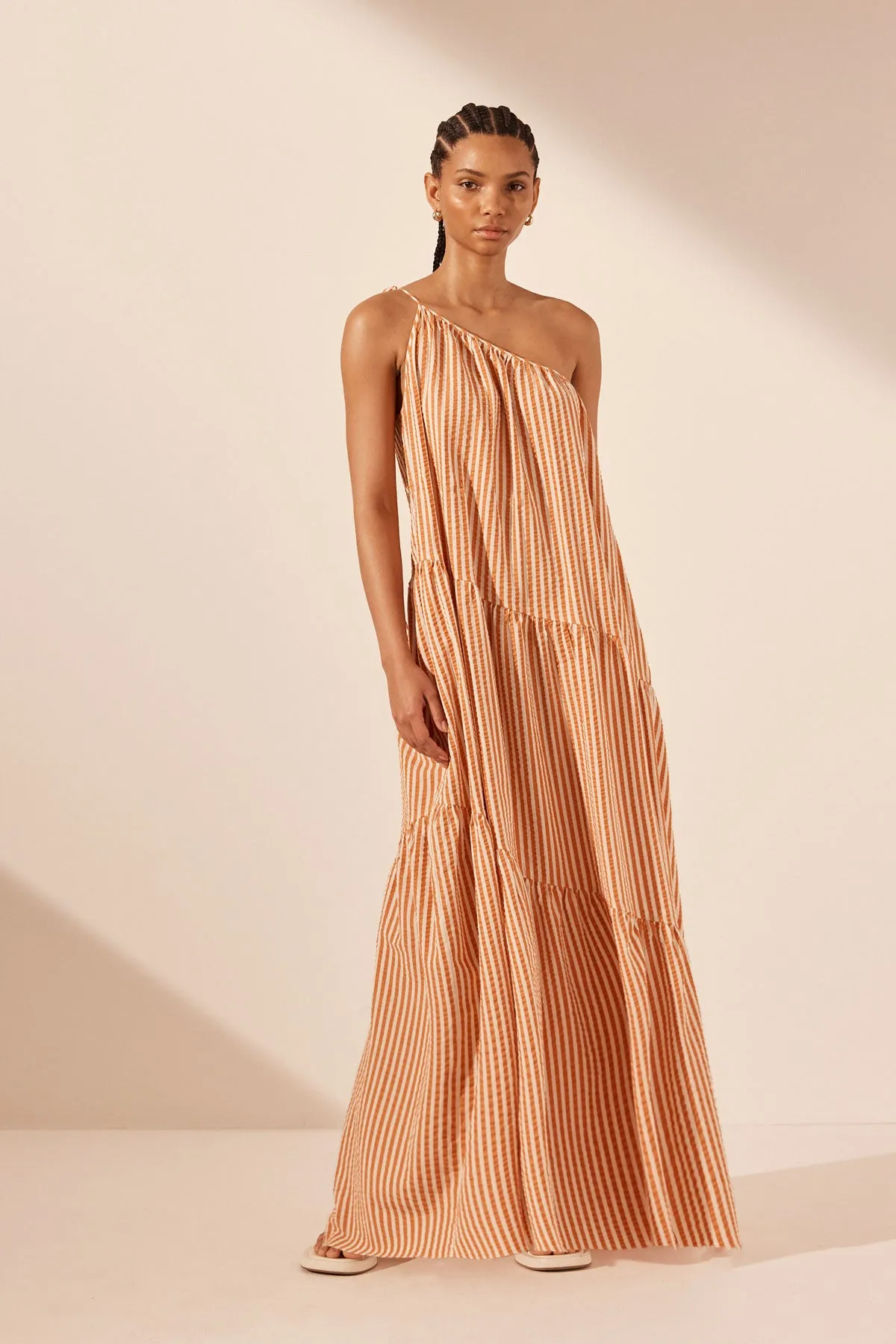 HELE ONE SHOULDER TIERED MAXI DRESS - COCONUT / TANGERINE