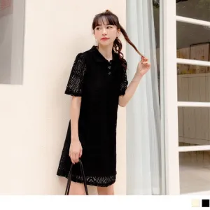 HOLLOW OUT LACE PUFF SLEEVE TUNIC MIDI DRESS