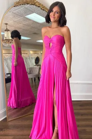 Hot Pink A-line Strapless Keyhole Pleated Prom Dresses, Party Dress, SP997