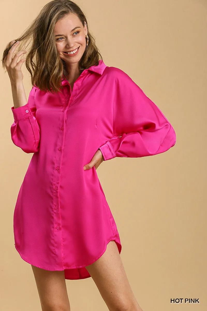 Hot Pink Satin Collar Button Down Long Sleeve Tunic Dress