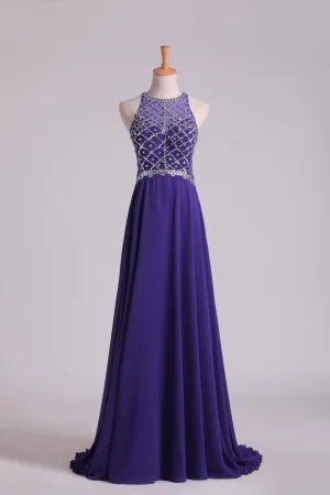 Hot Prom Dresses A Line Scoop Beaded Bodice Chiffon Sweep Train