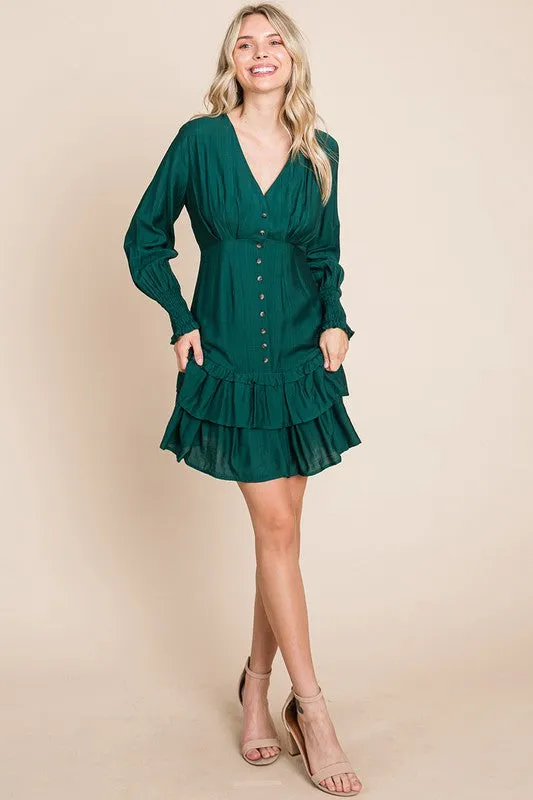 Hunter Green Tiered Hem Button Down Smocked Sleeve Dress