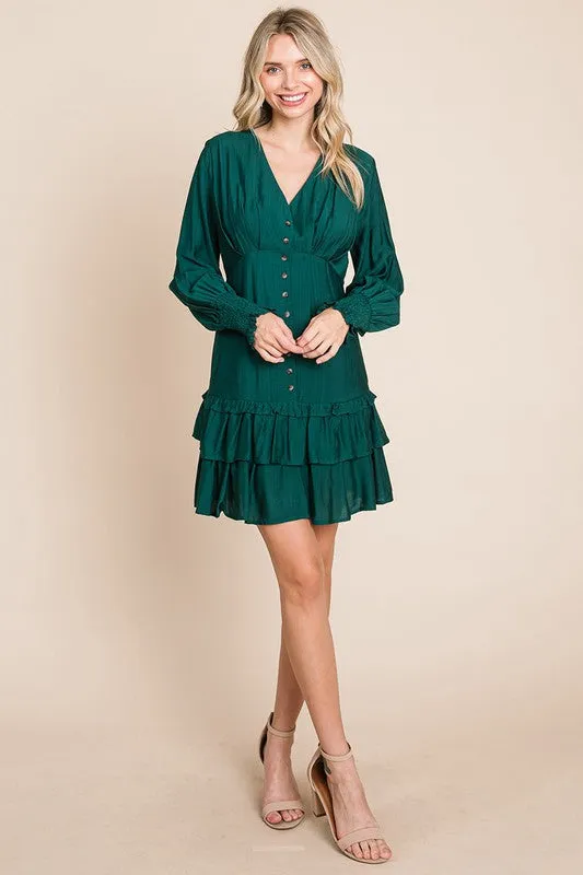 Hunter Green Tiered Hem Button Down Smocked Sleeve Dress