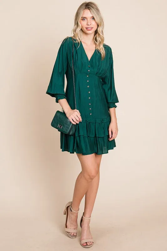 Hunter Green Tiered Hem Button Down Smocked Sleeve Dress