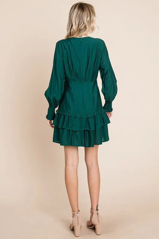 Hunter Green Tiered Hem Button Down Smocked Sleeve Dress